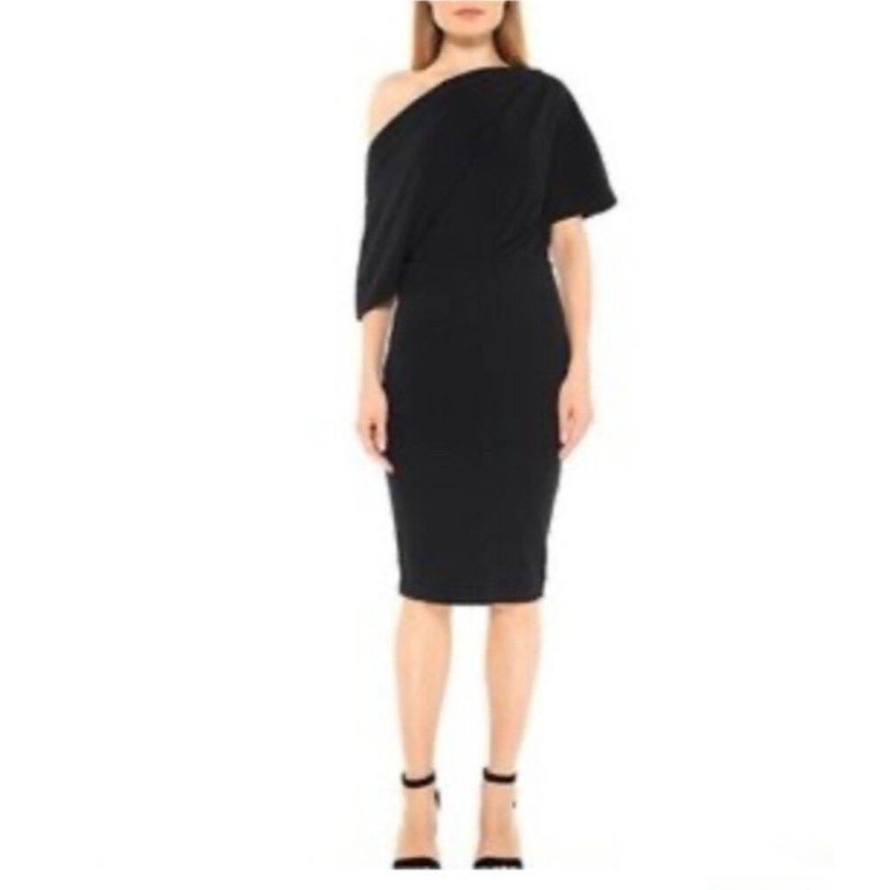 Alexia Admor Dress Black M Medium Asymmetrical Neck Short Sleeve Washable NEW